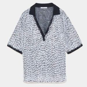 🔷 ZARA textured polo shirt S furry fuzzy collared top black×white v-neck shirt